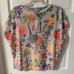 NWT Sioni "Luscious Printed" Tropical Fruit & Palm Knit Whimsical Top Size M